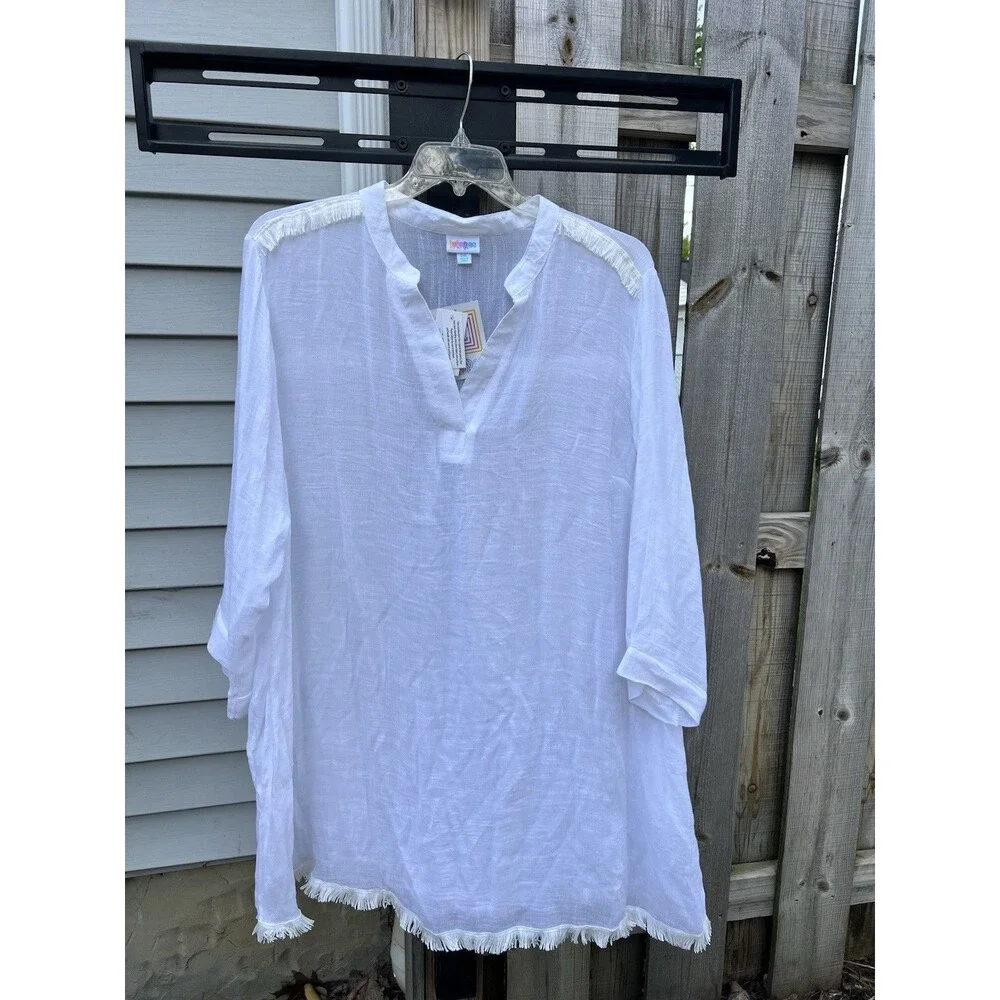 LuLaRoe Women’s Coastal Fringe Trim Cover Up Resort Collection Size 2XL White